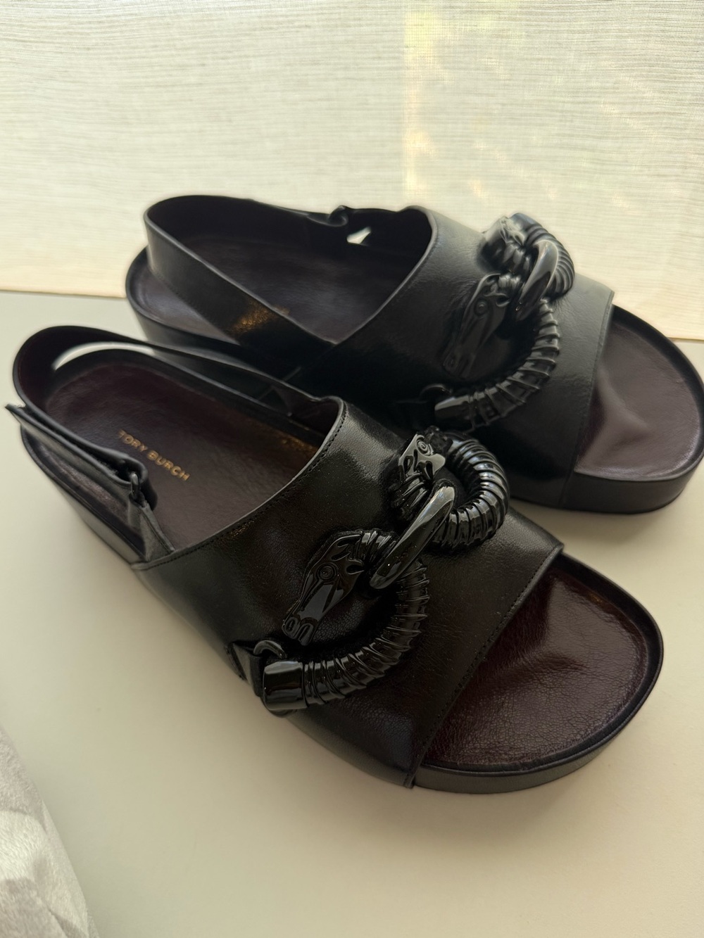 Tory Burch Black Leather Decorative-Link Slingback Sandals